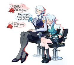  2girls alternate_costume alternate_hair_color alternate_hairstyle antenna_hair ascot bad_source black_shoes black_skirt blue_eyes blue_vest blush breasts chair character_name closed_mouth commentary commission crossed_legs english_commentary english_text eyelashes green_vest grey_eyes grey_pantyhose grey_socks hair_over_shoulder highres juliet_sleeves ko3aaa long_hair long_sleeves mature_female multiple_girls notice_lines on_chair open_mouth pantyhose ponytail puffy_sleeves ruby_rose rwby second-party_source shirt shoes signature simple_background sitting skirt smile socks speech_bubble striped_clothes striped_vest swivel_chair teeth upper_teeth_only vertical-striped_clothes vertical-striped_vest vest white_ascot white_background white_shirt willow_schnee 