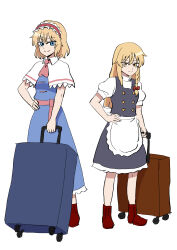  2girls absurdres alice_margatroid apron back_bow black_skirt black_vest blonde_hair blue_dress blue_eyes boots bow braid capelet closed_mouth commentary_request dress frilled_hairband frills full_body hair_bow hairband hand_on_own_hip highres kirisame_marisa kiyo_(kiyo_mariari) long_hair looking_at_viewer missing_headwear multiple_girls pink_sash red_boots red_bow red_hairband rolling_suitcase sash side_braid simple_background single_braid skirt smile suitcase touhou vest waist_apron waist_sash white_apron white_background white_bow white_capelet yellow_eyes 