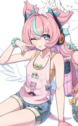  3girls 5h460n absurdres ahoge angel_wings aqua_bow aqua_halo aria_(human)_(cuteness_loading)_(zenless_zone_zero) aria_(human)_(zenless_zone_zero) aria_(zenless_zone_zero) backpack bag bare_shoulders blue_bow blue_eyes bow bracelet commentary_request finger_to_own_chin gloves green_hair hair_between_eyes hair_bow hair_intakes halo hand_on_another's_head highres jewelry long_hair looking_at_viewer multicolored_hair multiple_girls nangong_yu nangong_yu_(heartfelt_support) one_eye_closed pale_skin pink_gloves pink_hair shorts sunna_(delusions_in_business)_(zenless_zone_zero) sunna_(zenless_zone_zero) tank_top tongue tongue_out v white_background white_wings wings zenless_zone_zero 