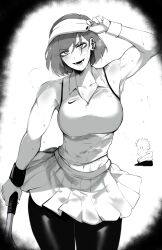  1boy 1girl absurdres alternate_costume blush breasts chibi chibi_inset collarbone cowboy_shot earclip english_commentary exhausted greyscale groin highres holding holding_racket holding_tennis_racket itadori_yuji jujutsu_kaisen jujutsu_tech_uniform kugisaki_nobara large_breasts linea_alba looking_at_viewer lower_teeth_only masoq midriff_peek monochrome navel nike_(company) open_mouth pantyhose pleated_skirt racket shirt short_hair simple_background skirt sleeveless sleeveless_shirt smile spiky_hair sportswear sweat sweatband swept_bangs teeth tennis_dress tennis_racket tennis_skirt tennis_uniform toned toned_female v-shaped_eyebrows vignetting visor_cap white_background wristband 