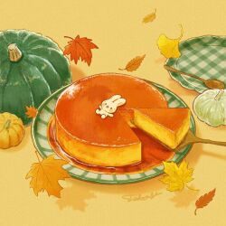  autumn autumn_leaves commentary_request drop_shadow food food_focus ginkgo_leaf leaf lying maple_leaf on_back original pudding pumpkin rabbit signature simple_background spoon squash tokoyu yellow_background 