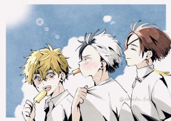  3boys adam's_apple blonde_hair blush border chinese_clothes commentary_request day eyepatch from_side hair_between_eyes male_focus multiple_boys nirei_akihiko outside_border papiko_6262 sakura_haruka_(wind_breaker) shirt sky sunlight suo_hayato sweat t-shirt tangzhuang twitter_username white_border white_shirt wind_breaker_(nii_satoru) 