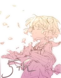  1girl anniversary armband boro_(tn-boro) bud closed_mouth commentary_request flower hair_flower hair_ornament highres magical_girl mahou_shoujo_ikusei_keikaku petals sailor_collar school_uniform short_hair smile snow_white_(mahoiku) white_background 