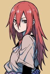  1girl absurdres brown_eyes brown_shirt closed_mouth commentary hair_between_eyes highres long_hair looking_at_viewer naruto_(classic) naruto_(series) orange_background red_hair shirt short_sleeves simple_background solo takuu_(seadog6662) tayuya_(naruto) 