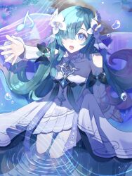  air_bubble aqua_dress aqua_hair aqua_sleeves bare_shoulders blue_eyes blue_gem bubble choker collar commentary detached_sleeves dress fins flower frilled_collar frilled_sleeves frills gem genshin_impact grey_choker hair_flower hair_ornament hair_over_one_eye head_fins highres long_hair merfolk mermaid monster_girl musical_note on_ground one_eye_covered open_mouth outstretched_arm partially_submerged pearl pearl_hair_ornament puffy_sleeves reto_2721 silver_trim singing untranslatable_commentary very_long_hair vodyanitsa_(genshin_impact) water white_dress white_flower white_sleeves 