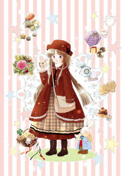  1girl basket black_pantyhose black_vest blue_coat blue_mittens boots bouquet brown_boots brown_hair brown_skirt coat commentary_request cookie cookie_jar crossbody_bag cup diagonal-striped_scarf envelope food frilled_sleeves frills full_body furry gift gingerbread_man grey_background hat holding holding_envelope kamiya_kaori light_particles long_hair long_sleeves mittens open_clothes open_coat open_mouth original outline pantyhose parted_bangs plaid_clothes plaid_skirt red_coat red_hat red_sweater scarf sidelocks skirt smile star_(symbol) striped_background sweater tea teacup teapot turtleneck turtleneck_sweater vertical-striped_background vest violet_eyes white_outline white_sweater yellow_scarf 