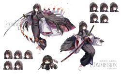  1girl absurdres barefoot between_fingers black_hair black_kimono blunt_bangs blunt_tresses burn_scar burning burning_paper chibi chibi_inset closed_mouth commentary_request commission dango dot_nose embers english_text fire floating_clothes floating_hair floral_print food full_body haori highres hitomin_(ksws7544) holding holding_ofuda holding_sheath holding_skewer holding_sword holding_weapon incoming_gift invisible_chair japanese_clothes katana kimono long_hair looking_at_viewer multiple_expressions multiple_views offering_food ofuda ofuda_between_fingers open_mouth original red_haori reference_sheet scar sheath sheathed sitting skewer smile standing straight_hair sword tsukimi_dango twitter_username two-tone_haori wagashi weapon white_background white_haori 