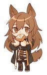  1girl animal_ears arknights black_dress black_footwear black_jacket blush boots brown_hair ceobe_(arknights) chibi dog_ears dog_girl dog_tail dress food food_in_mouth fried_egg full_body hair_between_eyes hands_up jacket long_hair long_sleeves looking_at_viewer mouth_hold open_clothes open_jacket simple_background skyregalias solo standing tail tail_wagging thigh_boots toast toast_in_mouth white_background 
