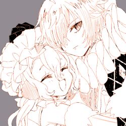  2girls akasata closed_eyes closed_mouth commentary_request dress frilled_dress frills grey_background hand_on_another's_head hug long_hair magical_girl mahou_shoujo_ikusei_keikaku mahou_shoujo_ikusei_keikaku_limited multiple_girls neck_ruff one_eye_covered open_mouth short_hair smile sonia_bean vomiting yuri 