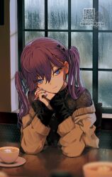  1girl artist_name blue_eyes blue_nails blurry blurry_foreground brown_sweater butterfly_hair_ornament chair closed_mouth commentary_request cup earrings elbows_on_table gakuen_idolmaster hair_ornament head_tilt highres holding_hands idolmaster inamori_ryusa indoors interlocked_fingers jewelry kaya_rinha lace_shirt long_hair long_sleeves looking_at_viewer mole mole_on_neck necklace off_shoulder on_chair plate purple_hair qr_code rain reflection sitting solo sweater table twintails window 