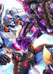  arm_cannon clenched_hand english_commentary fighting from_side glowing glowing_eye highres lina_rojas mask mecha megatron open_hand red_eyes robot science_fiction tarn the_transformers_(idw) transformers weapon 