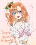  1girl a_song_for_you!_you?_you! bangs belt_buckle birthday blue_eyes blush buckle character_name collarbone commentary dated english_text flower hair_flower hair_ornament happy_birthday highres kousaka_honoka looking_at_viewer love_live! love_live!_school_idol_project medium_hair one_side_up orange_hair petals sein_025 short_sleeves smile solo sunflower_hair_ornament upper_body 