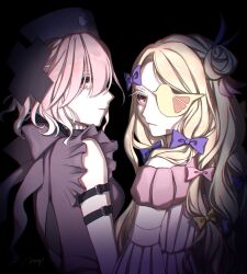  2girls animal_print bird_print black_background black_dress blonde_hair bow closed_mouth commentary_request dress eyepatch grey_hair hair_bun hair_ornament hat highres long_hair magical_girl mahou_shoujo_ikusei_keikaku mahou_shoujo_ikusei_keikaku_restart multiple_girls natsuya_(nty_2d) nurse_cap pfle pink_bow purple_bow shadowgale short_hair single_hair_bun x_hair_ornament yellow_bow 