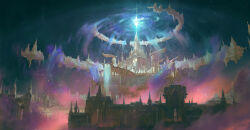  architecture aurora building city cityscape commentary english_commentary european_architecture fantasy floating_island gilsun_wei glowing highres light_particles magic night no_humans original scenery sky star_(sky) starry_sky very_wide_shot water waterfall 