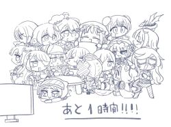  6+girls @nyannyan akane_(mahoiku) animal_hood belt bow cherna_mouse chibi clantail closed_eyes closed_mouth commentary_request cooking_pot deerstalker detec_bell detective double_bun dragon eating eye_mask eyepatch flower flower-shaped_pupils gloves hair_bun hair_flower hair_ornament hat hat_feather holding holding_cooking_pot holding_ladle hood ladle lapis_lazuline long_hair lying magical_daisy magical_girl mahou_shoujo_ikusei_keikaku mahou_shoujo_ikusei_keikaku_restart mask masked_wonder melville_(mahoiku) miyokata_no_nako multiple_girls neil_okysk nokko-chan on_stomach open_mouth pechika_(mahoiku) pfle rionetta shadowgale short_hair smile stock_pot symbol-shaped_pupils table translation_request watching_television wheelchair x_hair_ornament yumenoshima_genopsycho 