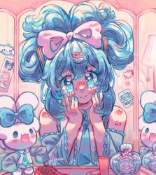  1girl :3 aqua_eyes aqua_hair aqua_nails aqua_necktie arm_tattoo artist_name big_hair blush bottle bow character_sticker cinnamiku cinnamoroll closed_mouth collared_shirt commentary detached_sleeves eyelashes fingernails fuwa_fuwa_cinnamoroll glowsu grey_shirt hair_bow hair_brush hair_ornament hairclip hands_on_own_face hatsune_miku heart heart_in_eye hello_kitty hello_kitty_(character) kuromi lamp long_hair mirror my_melody my_melody_(series) nail_polish necktie number_tattoo open_mouth parallel_hairclips perfume_bottle pink_bow reflection reflection_focus sanrio shirt signature smile split_mouth sticker symbol_in_eye tattoo vocaloid 