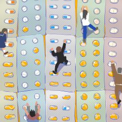  2girls 3boys absurdres avogado6 black_shirt blister_pack brown_hair brown_shirt climbing commentary_request drugs falling from_behind full_body highres multiple_boys multiple_girls original oversized_object pill school_uniform serafuku shirt t-shirt white_shirt 