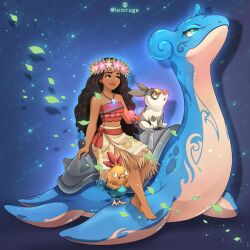  1girl brown_eyes crossover curly_hair dark-skinned_female dark_skin disney flower grass_skirt hair_flower hair_ornament highres jewelry lapras leaf_skirt leoiruga long_hair midriff moana_(movie) moana_waialiki necklace orange_tank_top orange_tube_top pokemon simple_background strapless tank_top tattoo tattoo_sleeve tepig torchic tribal_tattoo tube_top upper_body 
