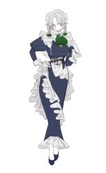  1girl :o adapted_costume blue_dress blue_shoes braid commentary dress frills full_body gloves green_neckerchief grey_eyes grey_hair hand_on_own_chest hand_on_own_hip izayoi_sakuya long_sleeves maid maid_headdress monocle neckerchief parted_bangs shoes side_braids solo touhou twin_braids white_background white_gloves zenritsu 