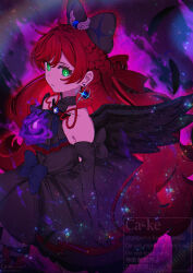  1girl ascot aura black_ascot black_bow black_wings blue_bow bow braid bright_pupils brooch center_frills closed_mouth commentary cowboy_shot crown_braid cure_prism dark_aura dark_persona dress dress_bow earrings elbow_gloves feathered_wings frills frown glove_bow gloves green_eyes hair_bow hirogaru_sky!_precure jewelry layered_dress long_hair looking_at_viewer magical_girl medium_dress nijigaoka_mashiro paperca-ke pink_hair precure side_braids single_wing sleeveless sleeveless_dress solo standing very_long_hair watermark white_pupils wing_brooch wings 