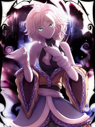 1girl absurdres black_shirt blonde_hair breasts fangs green_eyes highres japanese_clothes kimono looking_at_viewer mizuhashi_parsee pointy_ears rhapsody_xy shirt small_breasts touhou vampire 