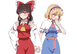  2girls absurdres alice_margatroid ascot blonde_hair blue_dress blue_eyes blush bow breasts brown_eyes brown_hair capelet closed_mouth commentary_request commission detached_sleeves dress embarrassed frilled_bow frilled_hair_tubes frilled_hairband frills hair_bow hair_tubes hairband hakurei_reimu hand_on_own_hip highres holding_hands interlocked_fingers kiyo_(kiyo_mariari) long_hair multiple_girls pink_sash red_bow red_hairband red_skirt ribbon-trimmed_sleeves ribbon_trim sash simple_background skeb_commission skirt skirt_set touhou waist_sash white_background white_capelet yellow_ascot yuri 