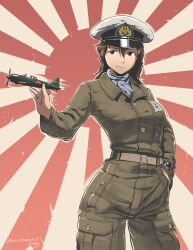  a6m_zero absurdres anchor_symbol brown_eyes brown_hair cargo_pants flight_suit hand_in_pocket hat highres imperial_japanese_navy kodaira_miharu_(kaibokan) model_airplane name_tag original pants peaked_cap rising_sun_flag scarf souperiart sunburst watch watch 