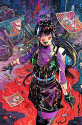  1girl black_dress black_eyeshadow black_hair blood blood_on_arm blood_on_clothes blood_on_ground clown_makeup colorful cropped_legs dc_comics dress dumpster ear_piercing evil_smile eyeshadow gloves green_eyes green_hair hair_ornament highres holding holding_knife joker_(dc) knife laughing makeup multicolored_hair photo_(object) piercing pool_of_blood punchline_(dc) saturated smile solo torn_clothes vinartwork 
