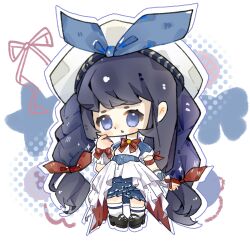  1girl :o ankle_socks arm_bow armband asymmetrical_legwear beret black_hair black_shoes blue_bow blue_corset blue_eyes blue_skirt blue_sleeves blush_stickers bow bowtie braid braided_twintails brooch chibi chinese_commentary coattails commentary_request corset dot_nose dress expressionless eyelashes frilled_skirt frilled_wrist_cuffs frills hair_bow halftone halftone_background hat hat_bow heart highres infinity_nikki jewelry kneehighs loafers long_dress long_hair low-tied_long_hair medium_skirt meiwei_da_lian_shitang nikki_(series) open_mouth outline platform_shoes puffy_short_sleeves puffy_sleeves red_armband red_bow red_bowtie scratching_cheek shoes short_sleeves single_kneehigh single_sock skirt skirt_under_dress socks solo standing star_(symbol) star_symbol_background stylist_(nikki) tailcoat tareme twintails two-sided_dress two-sided_fabric very_long_hair white_background white_hat white_outline white_socks white_wrist_cuffs wrist_bow wrist_cuffs 