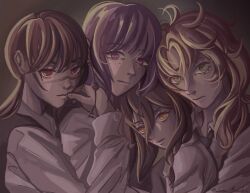  4girls absurdres black_hair black_vest blonde_hair braid braided_ponytail chainsaw_man choppy_bangs cross_scar curtained_hair death_devil_(chainsaw_man) earrings fami_(chainsaw_man) famine_devil_(chainsaw_man) green_eyes hair_between_eyes highres jewelry leno_manatic long_sleeves mole mole_under_eye mole_under_mouth multiple_girls nayuta_(chainsaw_man) pink_eyes purple_hair red_eyes ringed_eyes scar scar_on_cheek scar_on_face scar_on_nose shirt siblings sidelocks sisters tassel tassel_earrings twintails vest white_shirt yellow_eyes yoru_(chainsaw_man) 