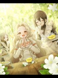  3girls absurdres apron black_hair bug butterfly closed_eyes coat cookie cup curtained_hair double-parted_bangs flower food grey_hair highres holding holding_plate id_card jiai_chiyu kimi_no_koto_ga_dai_dai_dai_dai_daisuki_na_100-nin_no_kanojo kusanochika leaf long_hair long_sleeves maid maid_apron maid_headdress meido_mai meido_mei multiple_girls open_mouth own_hands_together plate shirt smile sparkle table teacup teapot tree wavy_hair white_coat white_flower white_hair white_shirt wooden_table yellow_eyes 