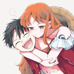  1boy 1girl arms_around_neck atsumi_yoshioka bare_shoulders black_hair blush carrying cheek-to-cheek closed_eyes closed_mouth commentary_request earrings frilled_sleeves frills hair_behind_ear hat hat_on_back heads_together hetero hug hug_from_behind jewelry long_hair looking_at_another monkey_d._luffy nami_(one_piece) off-shoulder_shirt off_shoulder one_piece open_clothes open_mouth open_shirt orange_hair piggyback puff_of_air red_shirt scar scar_on_cheek scar_on_chest scar_on_face shirt short_hair shoulder_tattoo simple_background single_sidelock smile straw_hat stud_earrings tattoo wavy_hair white_shirt 