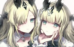  2girls absurdres aged_down arknights blonde_hair chinese_commentary closed_mouth commentary_request dragon_girl dragon_horns green_eyes hair_over_one_eye hand_on_another's_chin highres horns long_hair looking_at_another looking_at_viewer multiple_girls necrass_(arknights) necrass_(young)_(arknights) reed_(arknights) reed_(young)_(arknights) siblings simple_background sisters smile upper_body white_background yi_chuan_wei_chongfu_zhongwen 