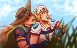  arm_warmers beanie blonde_hair blue_eyes blue_lips blue_nails blue_sky blush cape clouds cowboy_hat goggles goggles_on_headwear grass green_cape green_lips grills gyro_zeppeli hat heart highres holding_another's_waist hood hood_down hoodie horseshoe_hat_ornament horseshoe_ornament johnny_joestar jojo_no_kimyou_na_bouken lipstick long_hair looking_at_another makeup male_focus medium_hair mpdarla multiple_boys nail_polish outdoors purple_shirt shirt short_sleeves sky star_(symbol) steel_ball_run upper_body white_hoodie 