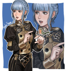  1girl 1other bird bird_on_hand blue_background braid brown_eyes commentary_request cowboy_shot fire_emblem fire_emblem:_three_houses garreg_mach_monastery_uniform highres long_sleeves looking_to_the_side marianne_von_edmund medium_hair nanbu_yasumi open_mouth outside_border pointing pointing_at_another robin_(bird) simple_background sweatdrop zoom_layer 