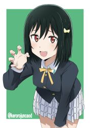  1girl :d artist_name black_hair black_jacket bob_cut border bow bowtie breasts buttons collar collared_shirt commentary_request cowboy_shot fang green_background hair_bow highres jacket kerorojuncaod long_sleeves looking_at_viewer love_live! love_live!_nijigasaki_high_school_idol_club medium_breasts mifune_shioriko open_mouth palms plaid_clothes plaid_skirt pleated_skirt red_eyes shirt short_hair skirt smile solo twitter_username white_border white_collar white_skirt yellow_bow yellow_bowtie 