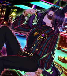  1girl alkali_umapyoi animal_ears ball billiard_ball billiard_table billiards black_pants black_shirt bracelet chain commentary_request cue_stick ear_ornament fenomeno_(gouki_naru_shien)_(umamusume) fenomeno_(umamusume) flipped_hair gold_chain gold_necklace hair_ornament highres horse_ears horse_girl horse_tail jacket jewelry long_hair necklace official_alternate_costume official_alternate_hairstyle on_table open_clothes open_jacket pants purple_hair shirt sidelocks sitting solo sunglasses table tail umamusume 