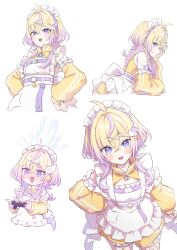 1girl :d @_@ ahoge apron arm_warmers blonde_hair blush commentary_request controller deformed hands_on_own_hips highres holding holding_controller jersey_maid looking_at_viewer maid maid_apron maid_headdress multicolored_hair multiple_views nervous_sweating nijisanji pomelo_punch purple_streaks simple_background smile streaked_hair sweat unconventional_maid violet_eyes virtual_youtuber wet white_background yasab_ya 