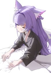  1girl absurdres ahoge animal_ear_fluff animal_ears black_shirt blue_eyes carbonara_(pixiv_36635631) closed_mouth commentary english_commentary flat_chest fox_ears fox_girl fox_tail hair_intakes highres long_hair multicolored_hair on_bed one_eye_closed purple_hair purple_tail shirt simple_background sitting solo stellive streaked_hair tail tenko_shibuki two-tone_tail under_covers very_long_hair virtual_youtuber white_background white_streaks white_tail 