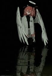 adachi_rei angel_halo angel_wings black_background dark halo head_tilt orange_eyes orange_hair rui6001 water water_reflection white_jacket wide-eyed wings