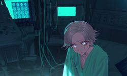  1boy aotsuki_eito blue_eyes cable commentary_request crying crying_with_eyes_open dark electrical_outlet fug_uai glowing glowing_eyes grey_hair highres hospital hospital_gown indoors machine no_eyewear short_hair solo tears tears_from_one_eye the_hundred_line_-last_defense_academy- upper_body x-ray_film 