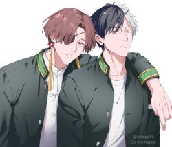  2boys arms_around_neck black_hair chinese_clothes collarbone commentary curtained_hair earrings eyepatch furin_high_school_uniform grey_eyes heterochromia jacket jewelry latteoo16 looking_at_viewer male_focus multicolored_hair multiple_boys red_eyes sakura_haruka_(wind_breaker) school_uniform shirt short_hair simple_background split-color_hair suo_hayato t-shirt tangzhuang tassel tassel_earrings two-tone_hair untranslatable_commentary white_background white_hair wind_breaker_(nii_satoru) yellow_eyes 
