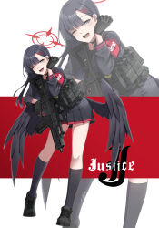  1girl alternate_weapon ammunition_pouch armband ass assault_rifle black_choker black_gloves black_hair black_sailor_collar black_serafuku black_shirt black_shoes black_skirt black_socks black_wings blue_archive blue_eyes bulletproof_vest chest_rig choker commentary_request earpiece feathered_wings full_body gloves grey_eyes gun h&amp;k_g36c hair_ornament hairclip halo highres holding holding_weapon ichika_(blue_archive) leaning_forward leaning_to_the_side long_hair looking_at_viewer low_wings magazine_(weapon) miniskirt one_eye_closed open_mouth pleated_skirt pouch red_armband red_background red_halo rifle sailor_collar school_uniform sekino_takehiro serafuku shirt shoes simple_background skirt smile socks solo standing tactical_clothes tactical_school_uniform trigger_discipline unusually_open_eyes weapon white_background white_shirt wings zoom_layer 