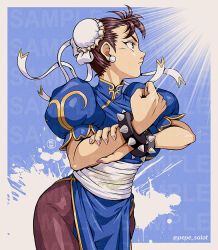  1girl blue_dress bracelet brown_eyes brown_hair brown_pantyhose bun_cover chinese_clothes chun-li clenched_hand commentary cowboy_shot double_bun dragon_print dress english_commentary hair_bun jewelry jose_salot looking_to_the_side pantyhose pink_nails puffy_short_sleeves puffy_sleeves sample_watermark short_sleeves side_slit solo spiked_bracelet spikes splatter_background street_fighter street_fighter_ii_(series) twitter_username watermark watermark_grid 