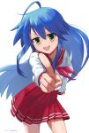  1girl :3 absurdres ahoge bangs blue_hair blush commentary_request cowboy_shot foreshortening green_eyes hand_on_hip highres izumi_konata leaning_forward long_hair long_sleeves looking_at_viewer lucky_star mole mole_under_eye open_mouth pleated_skirt pointing pointing_at_viewer red_skirt ryouou_school_uniform school_uniform serafuku shiny shiny_hair sidelocks signature simple_background skirt solo suzu_suzusumi thighs white_background 