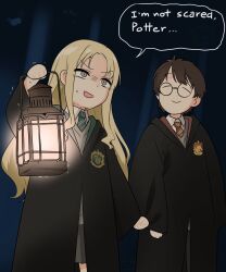  1boy 1girl blonde_hair cloak commentary english_commentary english_text felutiahime green_necktie grey_eyes harry_potter harry_potter_(series) highres hogwarts_school_uniform holding holding_lantern hood hooded_cloak lantern long_hair malfoid necktie nervous_sweating night red_necktie scar scar_on_face scar_on_forehead school_uniform short_hair speech_bubble sweat sweatdrop trembling wizarding_world 