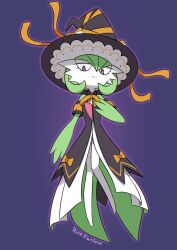  1girl arm_at_side artist_name bare_shoulders black_dress black_hat bob_cut bow bright_pupils closed_mouth clothed_pokemon colored_skin commentary detached_sleeves dress english_commentary flat_chest floating full_body gardevoir gardevoir_(halloween) green_hair green_skin hair_between_eyes half-closed_eyes hand_on_own_chest hand_up happy hat hat_ribbon knees_together_feet_apart looking_afar looking_down multicolored_skin no_feet orange_bow orange_ribbon orange_sleeves outline pokemon pokemon_(creature) pokemon_cafe_remix purple_background purple_outline red_eyes ribbon ricofurlow short_hair short_sleeves signature simple_background smile solo split_mouth two-tone_skin white_pupils white_skin witch_hat 