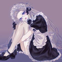 1girl :d abashuxiadeabaguai absurdres aotsuki_eito apron black_dress black_gloves black_shoes bow chinese_commentary commentary_request dress frills genderswap genderswap_(mtf) glasses gloves gradient_background grey_background grey_hair highres hugging_own_legs long_hair looking_at_viewer maid maid_apron maid_headdress puffy_sleeves shoes simple_background sitting smile solo the_hundred_line_-last_defense_academy- violet_eyes white_apron 