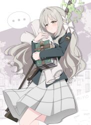  ... 1girl blue_archive blush bolt_action book bow bowtie braid character_name choppy_bangs commentary_request diagonal-striped_bow diagonal-striped_bowtie diagonal-striped_clothes green_halo grey_skirt gun hair_ribbon halo highres holding holding_book hoshino_ouka long_hair miyo_(blue_archive) ribbon ribbon_in_braid rifle rolled-up_paper skirt striped_bow striped_bowtie striped_clothes vetterli_m1870 weapon white_bow wildhunt_art_academy_logo yellow_eyes 