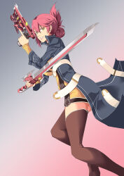  1girl asymmetrical_dual_wielding belt blue_coat brown_thighhighs coat coat_lift commentary double-parted_bangs dress dual_wielding dutch_angle eiyuu_densetsu english_commentary feet_out_of_frame gradient_background grin gun hair_between_eyes hair_bun handgun holding holding_gun holding_sword holding_weapon lipgloss long_coat long_sleeves looking_at_viewer multiple_belts multiple_weapons open_clothes open_coat pink_hair pink_lips sara_valestein sen_no_kiseki_(series) sen_no_kiseki_i short_dress short_hair simple_background single_hair_bun smile solo sword thigh-highs weapon white_belt yellow_dress yellow_eyes yf_studio 